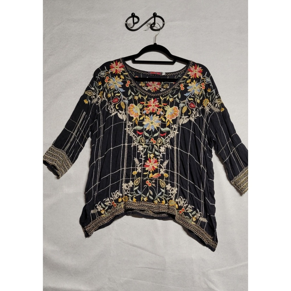 Johnny Was Black Multicolor Floral Embroidered 3/4 Sleeve Blouse S C10520-9